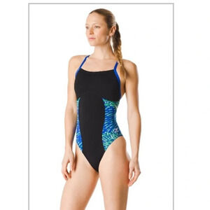 Nwt blue black green Speedo racing cut fly back swimsuit size 28